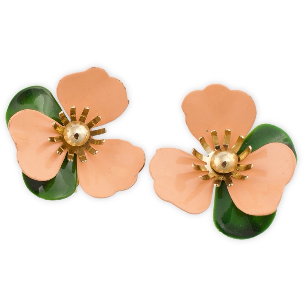 Vintage Sarah Coventry Tahitian Flower Clip On Earrings Pink Green Enamel 1960s